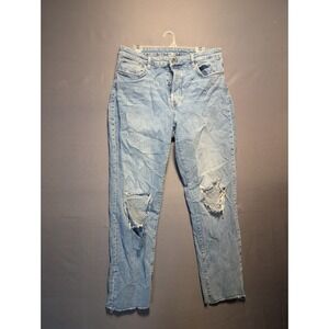 Denim & Denim Mom Jeans Womens 14 Blue High Waist Distressed Knee Rips Raw Hem